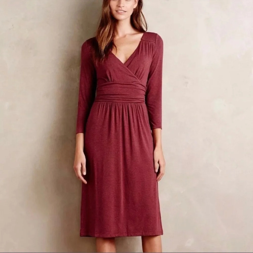 Maeve Anthropologie Galena Burgundy Jersey Knit Midi Dress Womens Size XSmall‎